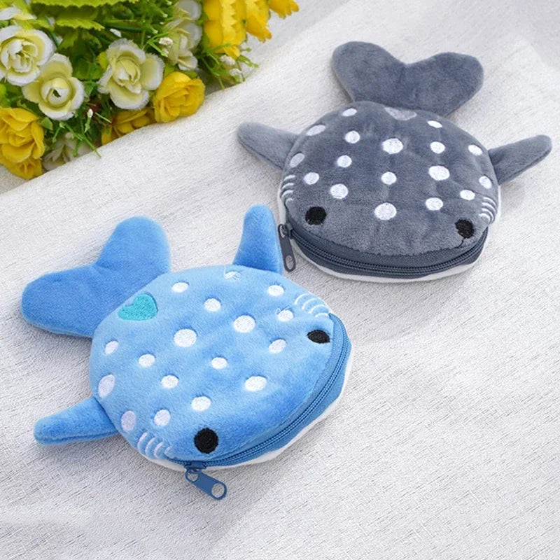 Cute Blue Shark Mini Coin Purse – Plush Zipper Wallet for Women, Key & Earphone Pouch