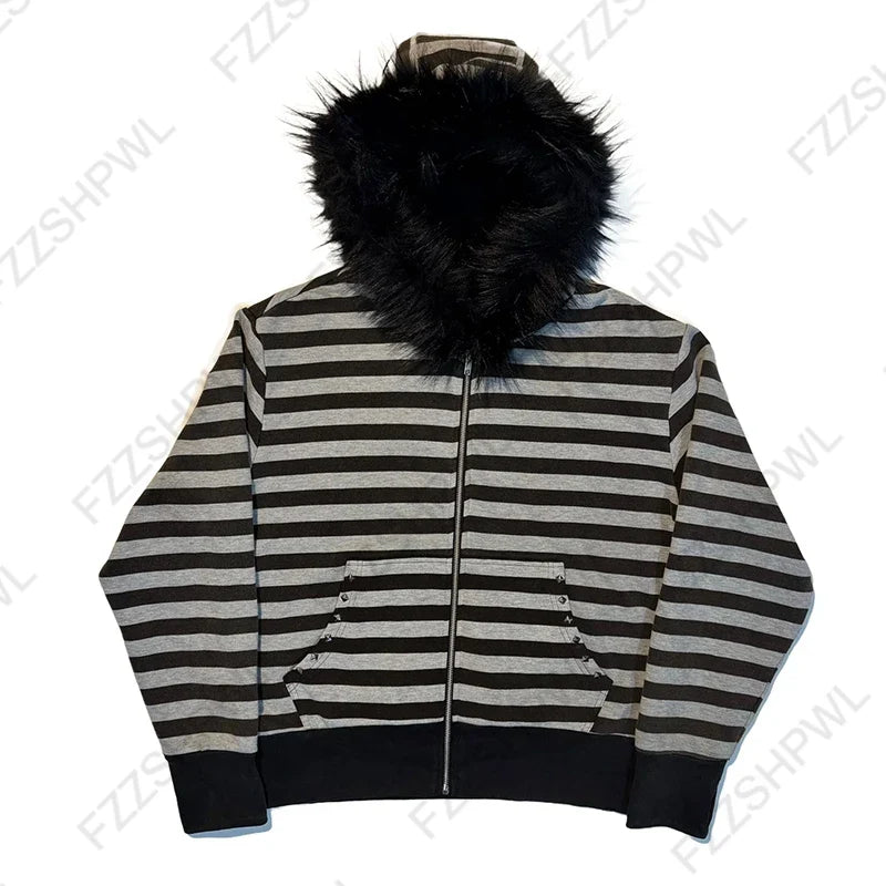 Women’s 2025 Gothic Aesthetic Fur Collar Hoodie Cardigan – Slim Fit Autumn Winter Harajuku Sweatshirt
