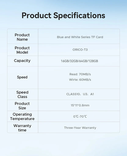 ORICO Micro SD Card – 16GB, 32GB, 64GB, 128GB A1 U3 Class 10 V10 for Camera, Drone & Dash Cam