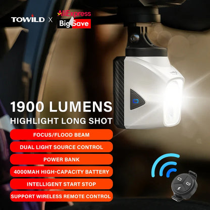 TOWILD DL1700 LED Bicycle Light – 1900LM Rechargeable Front Light with Focus & Flood Beam, Power Bank Function
