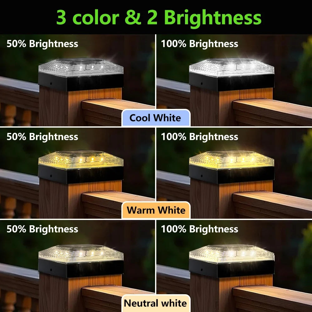 1/4PCS Solar Post Cap Lights - IP65 Waterproof Fence Topper LED Lights with 3 Color Modes for 4x4 Vinyl & Wood Posts