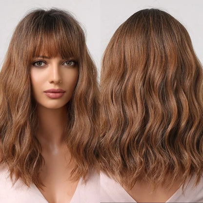 Women’s Grey Wavy Bob Wig with Bangs — Short Blonde Ombre Synthetic Hair with Dark Roots for Daily Wear