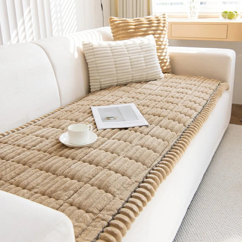 Thick Quilted Stripe Flannel Sofa Pad – Warm Multiuse Winter Sofa Cover, Towel & Slipcover for Living Room