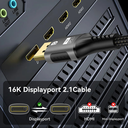 16K DisplayPort 2.1 Cable – 8K@120Hz, 4K@240Hz, 80Gbps HDR Video & Audio for Laptop, TV, Xbox, Projector, Gaming Monitor