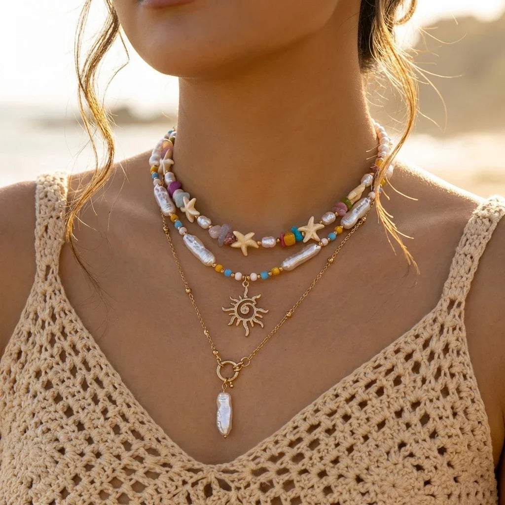 Bohemian Shell Layered Necklace - Vintage Starfish & Turtle Blue Beaded Beach Jewelry for Women
