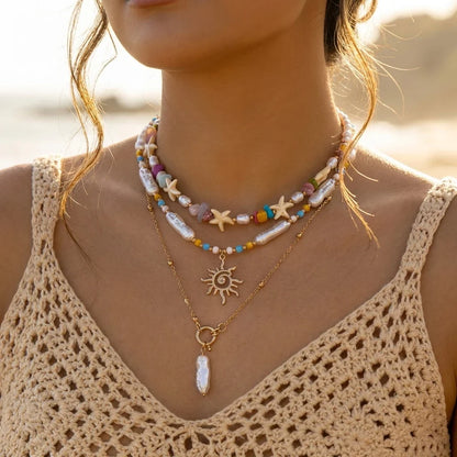 Bohemian Shell Layered Necklace - Vintage Starfish & Turtle Blue Beaded Beach Jewelry for Women