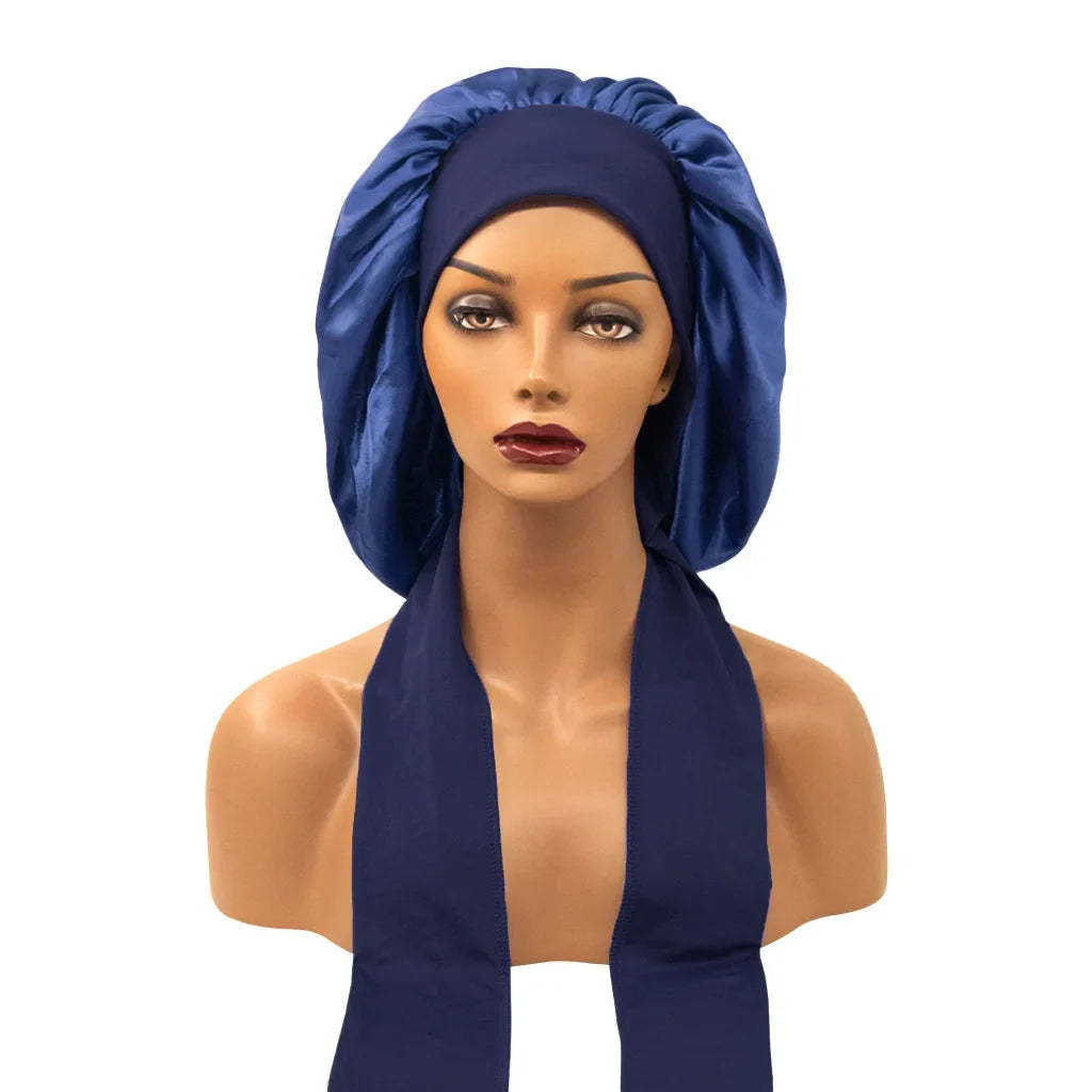 Satin Nightcap for Women - Wide Stretch, Extra-Large Long Tail, Shower Cap with Ribbon, Round Hat Hair Bonnet