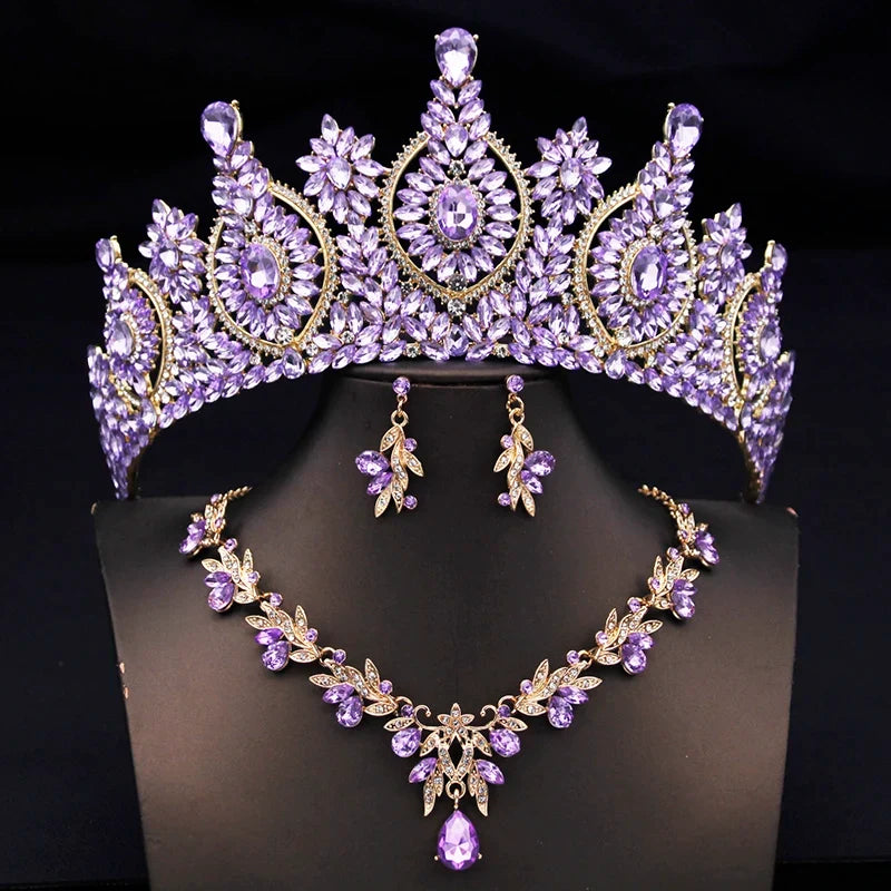 Rhinestone Bridal Tiara Jewelry Set - Wedding Crown with Necklace and Earrings for Women