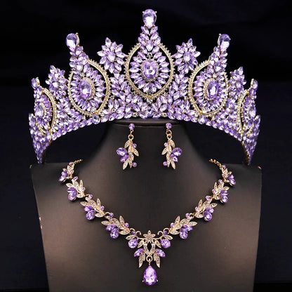 Rhinestone Bridal Tiara Jewelry Set - Wedding Crown with Necklace and Earrings for Women