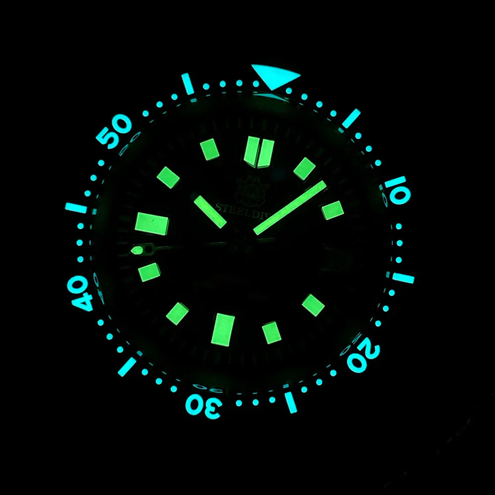 Steeldive SD1970 Men’s Automatic Dive Watch — 200M Waterproof, White Date Background, AR Coating Sapphire Glass, NH35 Black Dial Turtle Design