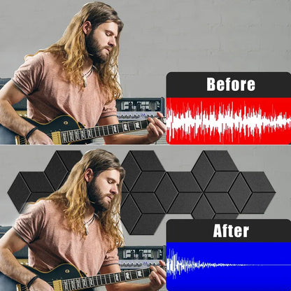 12 Pack Hexagonal Self-Adhesive Acoustic Panels - Y-Lined Design to Absorb Noise, Eliminate Echoes, Black Foam Panels