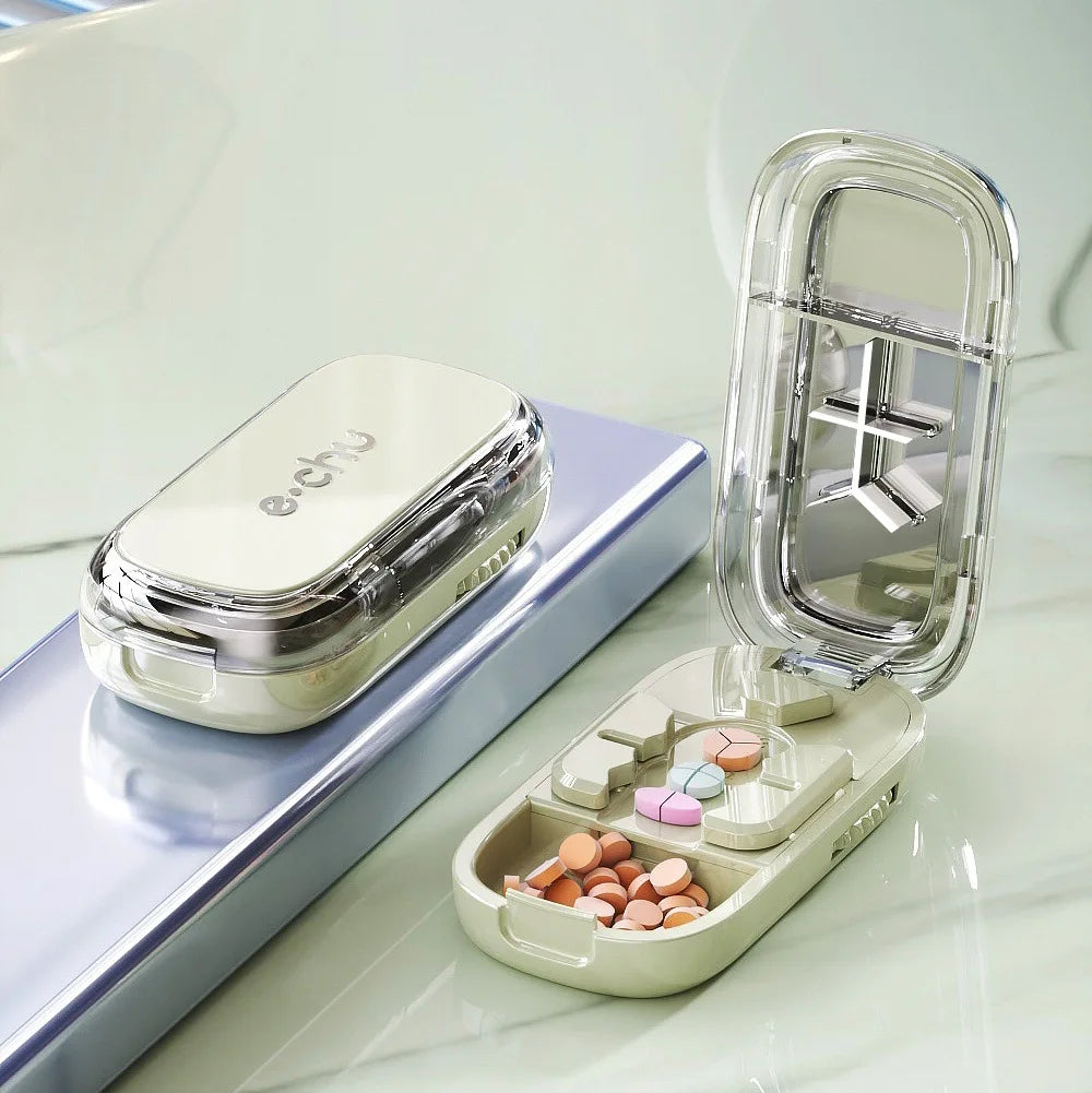 Quartering Pill Cutter & Storage Box – Portable Dustproof Medicine Tablet Crusher with Divider Organizer