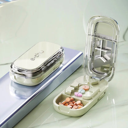Quartering Pill Cutter & Storage Box – Portable Dustproof Medicine Tablet Crusher with Divider Organizer