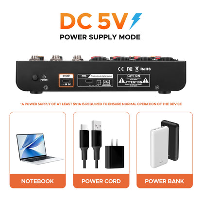 Debra Mini6 6-Channel Metal Audio Mixer Interface with Bluetooth & Delay Repeat Effect – OTG Sound Mixing Console for PC Recording