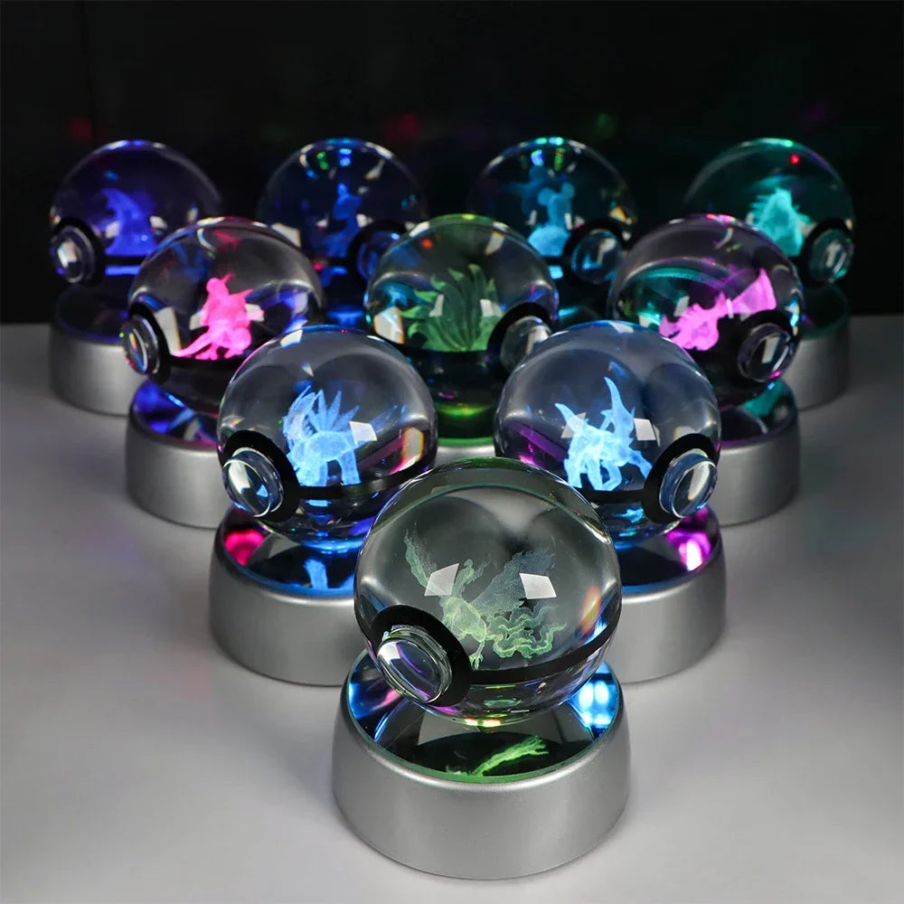 Pokémon 3D Crystal Ball LED Night Light – Pikachu Gengar Eevee Mewtwo Pokéball Base Lamp Kids Birthday & Home Decor Gift