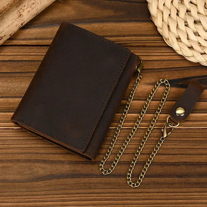 Men's Genuine Leather Short Wallet with Chain – Zipper Clutch, Trifold Purse, Card Holder & Coin Purse for Men