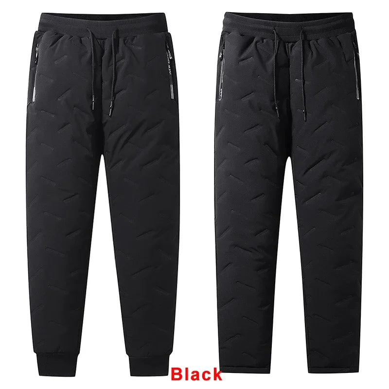 Men’s Winter Down Cotton Pants — Waterproof Thickened Wool Jogger with Zipper Pockets, Warm Outdoor Ski Pants, 7XL