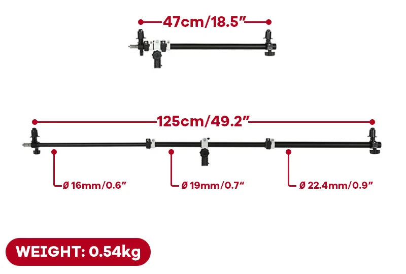 125cm Telescopic Reflector Holder Pole – Crossbar Boom Arm for Light Stand, Flash, Speedlite & Diffuser Background Support
