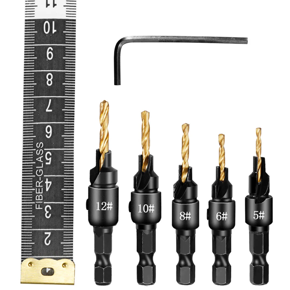5pcs Countersink Drill Bit Set – Woodworking Pilot Hole Drills for Screw Sizes #5, #6, #8, #10, #12