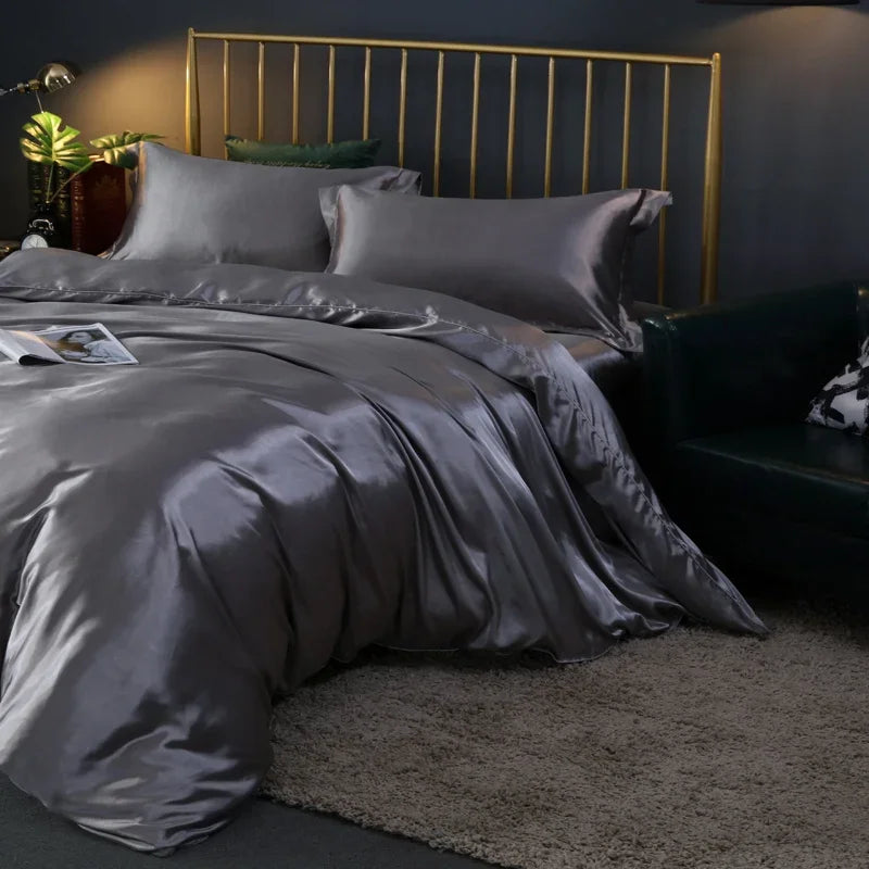 Silk Bedding Set With Duvet Cover - Luxury Satin Bed Sheet Pillowcase Set Solid Color King Queen Twin Size