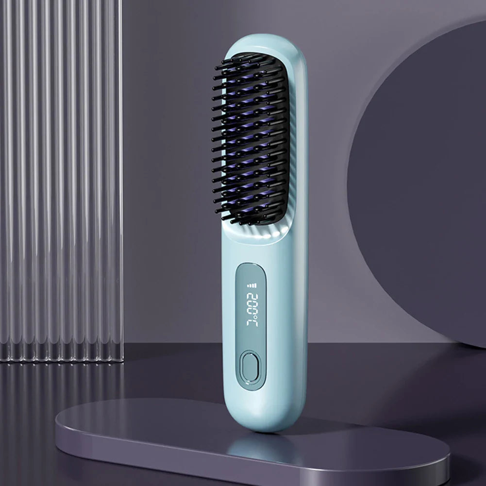 Electric LCD USB Ceramic Hair Straightening Comb – Wireless Portable Negative Ion Rechargeable Styling Brush