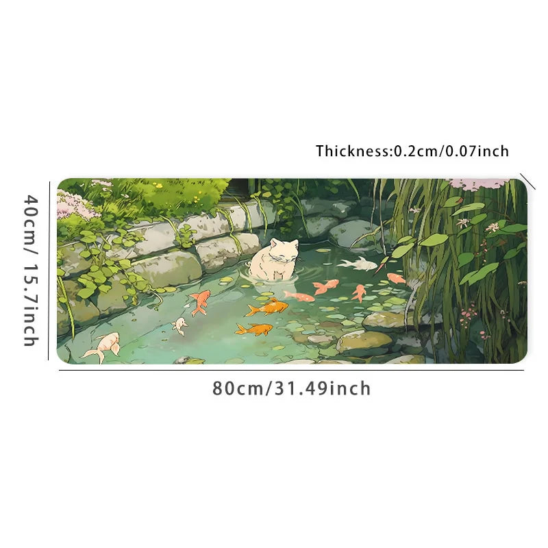 Cute Cartoon Cat Fish Mouse Pad – Large Green Anti-Slip Rubber Desk Mat, Perfect Gift for Women & Girlfriend
