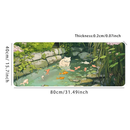 Cute Cartoon Cat Fish Mouse Pad – Large Green Anti-Slip Rubber Desk Mat, Perfect Gift for Women & Girlfriend