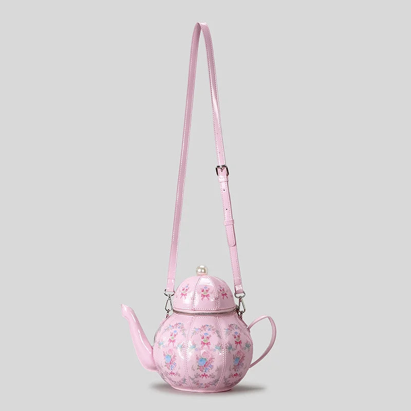 Creative Vintage Printed Teapot Design Women’s Handbag – Pearl Chain Luxury Small Bucket Crossbody Bag