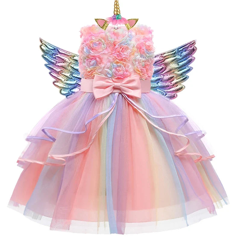 Girls’ Unicorn Princess Dress - Flower Cake Costume for Carnival, Halloween & Performances Ages 1–10