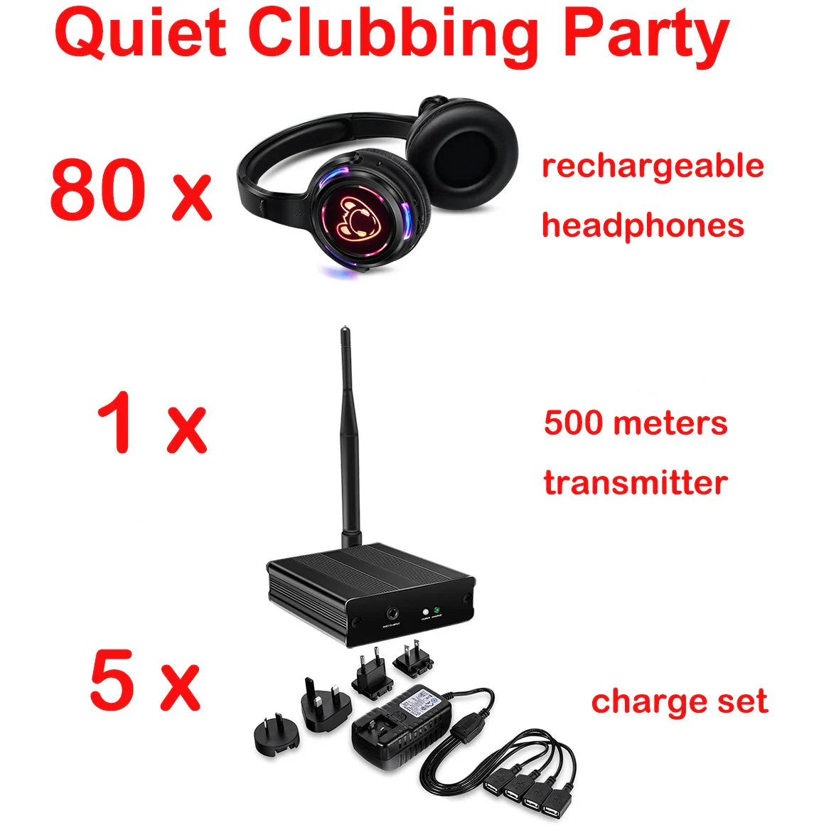 Silent Disco Complete System – Black LED Wireless Headphones Bundle with 5 Headsets & 1/2/3 Transmitters for Quiet Parties