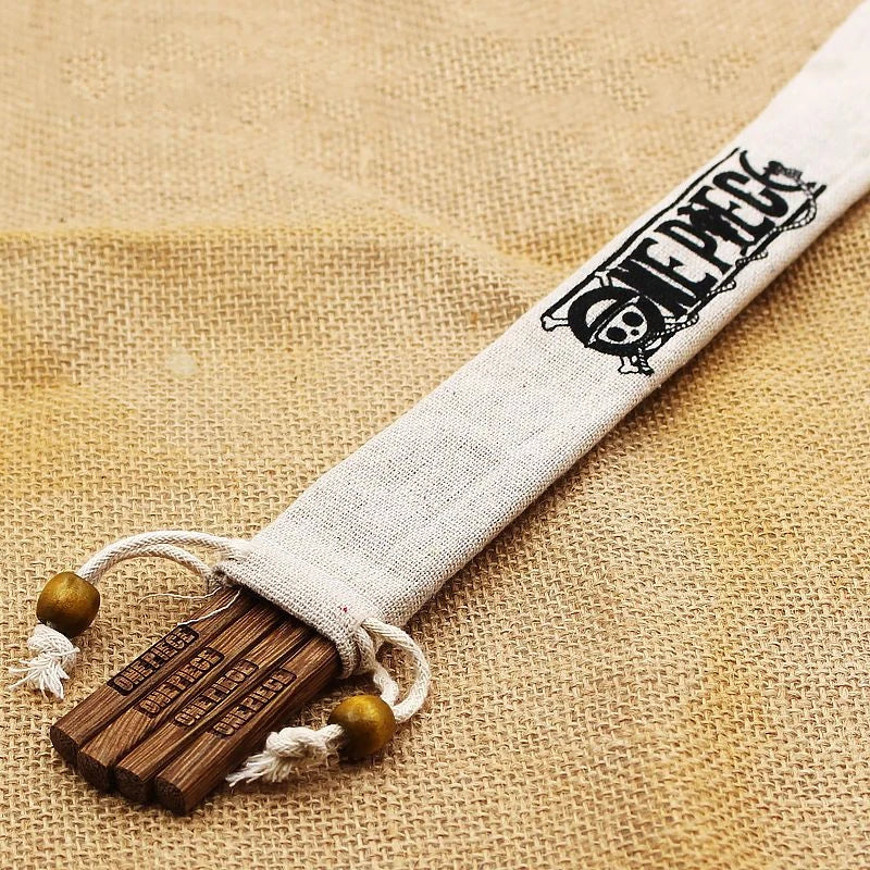 2 Pairs ONE PIECE Wooden Chopsticks – Anime Cartoon, Non-Slip, Reusable Tableware for Lunch, Sushi, with Belt Bag Accessory