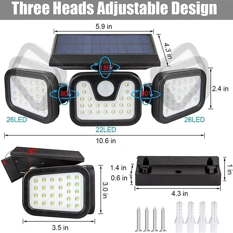 Outdoor Solar LED Motion Sensor Wall Light, Adjustable 3-Head Human Body Sensing Lamp, IP65 Waterproof Garden Security Light