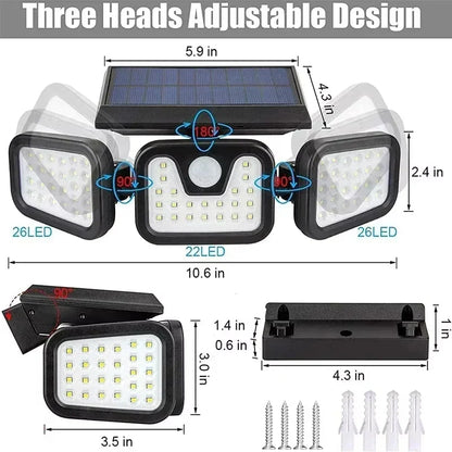 Outdoor Solar LED Motion Sensor Wall Light, Adjustable 3-Head Human Body Sensing Lamp, IP65 Waterproof Garden Security Light