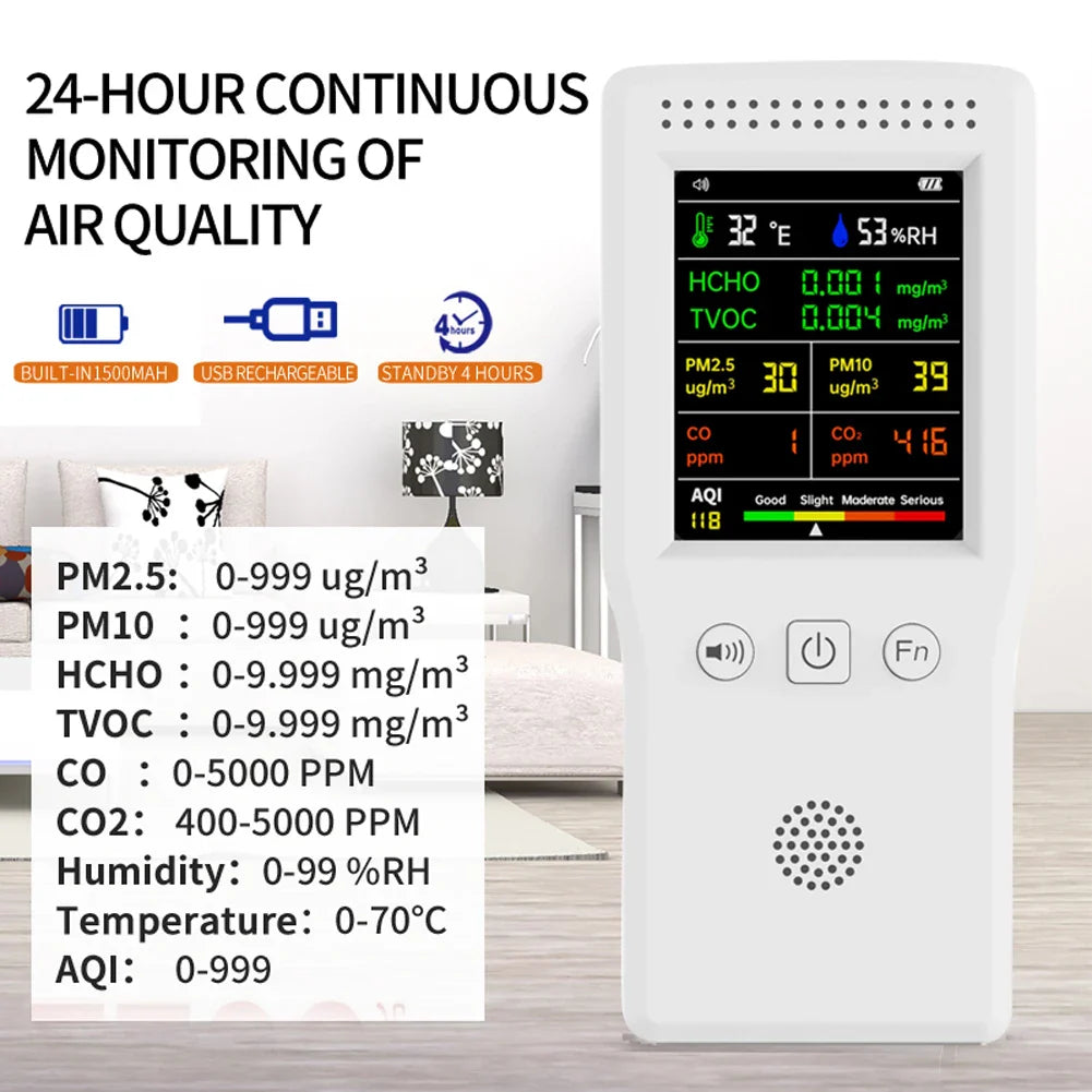 9-in-1 Air Quality Detector – Digital LCD Monitor for PM2.5, PM10, HCHO, TVOC, CO, CO2, AQI, Temperature, and Humidity