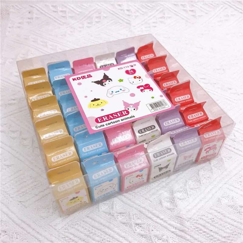 36Pcs Sanrio Anime Eraser Set – Hello Kitty, Kuromi, Cinnamoroll & Melody Cute Pencil Erasers for School Stationery Supplies