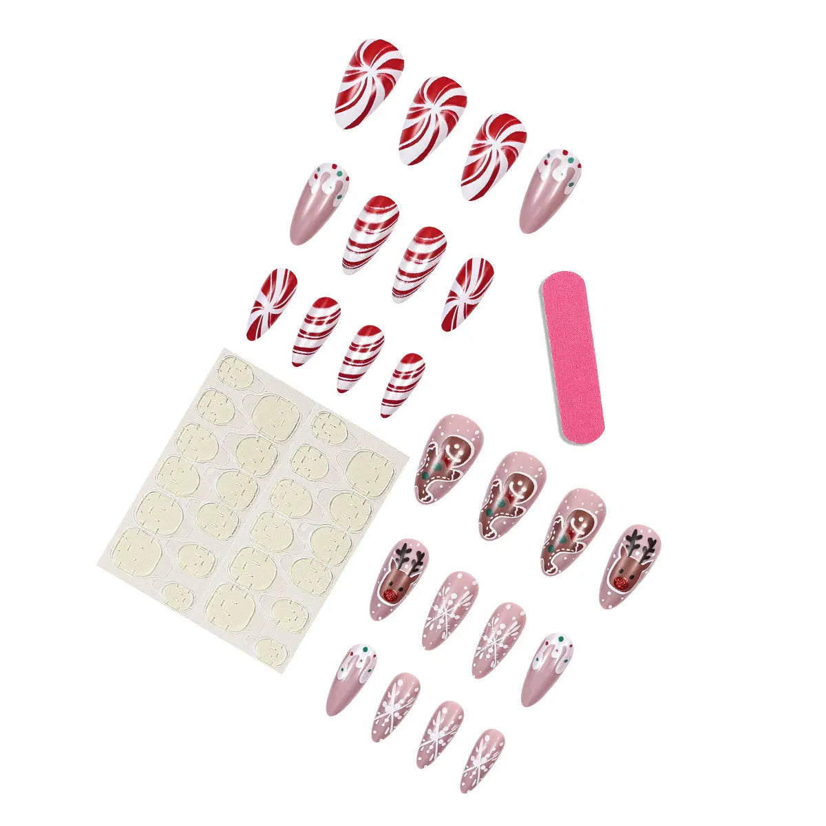 Medium Long Christmas Fake Nails – Square & Almond Tips with Tree, Snowflake & Snowman Designs