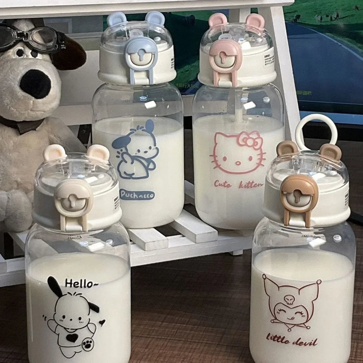 Sanrio Anime Transparent Straw Cup – Hello Kitty & Pochacco 500ML Plastic Water Cup with Handle for Students