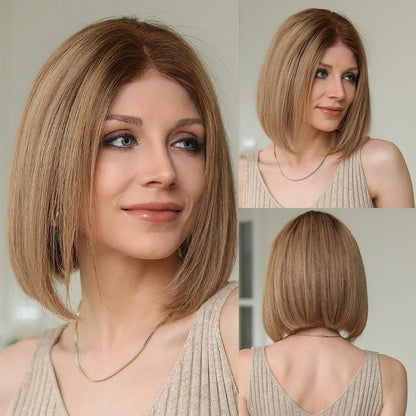 Brown Blonde Mixed Ombre Lace Front Wig – Short Wavy Bob Golden Blonde Remy Human Hair for White Women Daily Use