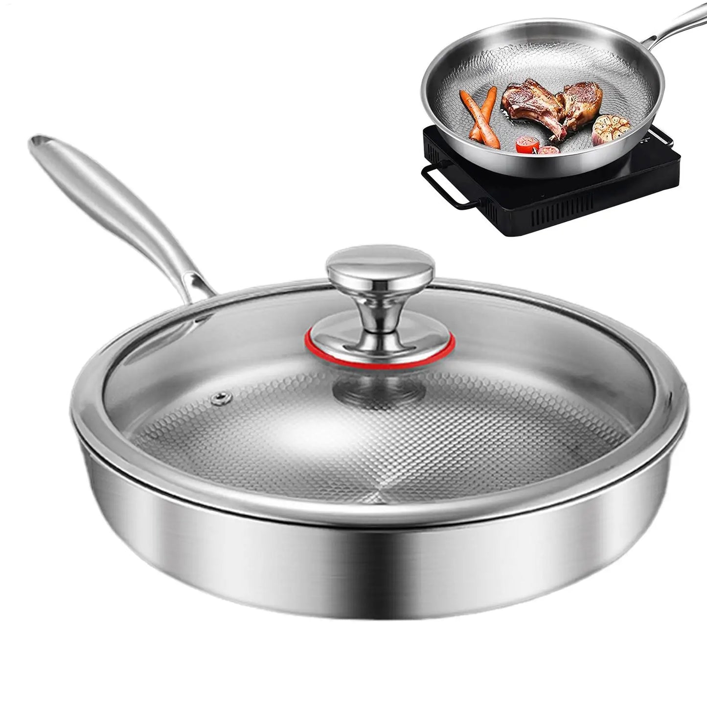 Titanium Frying Pan with Glass Lid - Non-Stick Even-Heating Stainless Steel Skillet for Kitchen Cooking, 26/28/30cm