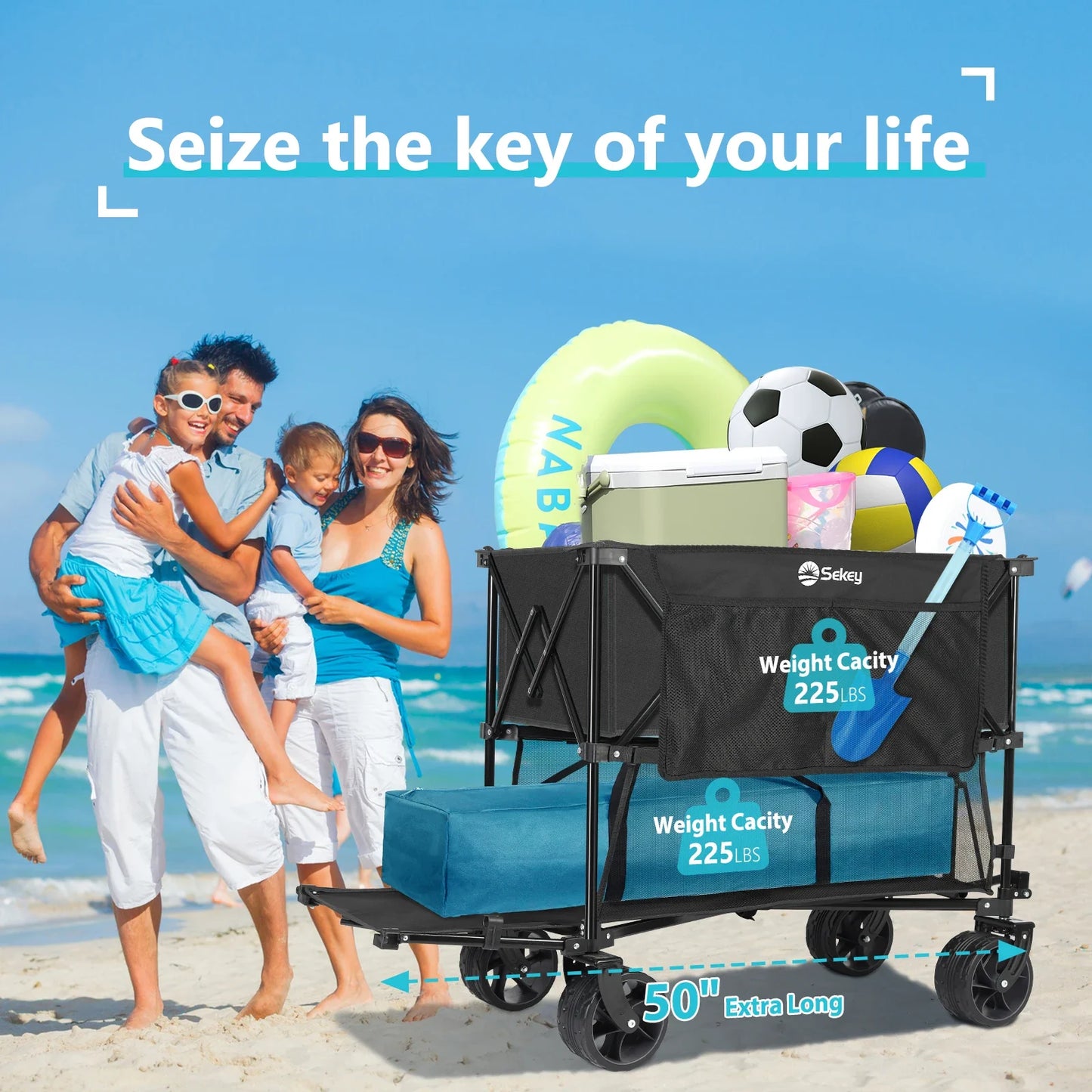 450LBS Double Decker Collapsible Wagon — 50"L Heavy-Duty Large Capacity Foldable Cart