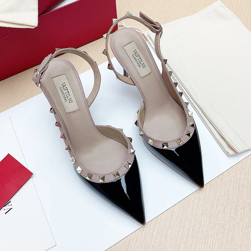 Women’s 2025 Luxury High Heel Sandals – Metal Rivet Gladiator Pointed Toe Stiletto Summer Party Shoes