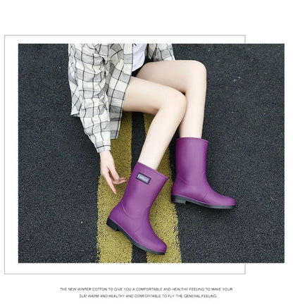 Women’s Four-Season Waterproof Rain Boots – Mid-Tube Non-Slip Rubber Shoes with Cotton Lining for Outdoor Fashion