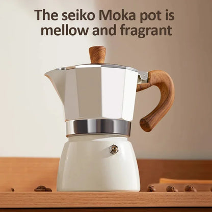 Vintage Wooden Handle Moka Pot – Classic Italian Espresso Maker 150ml/300ml for Home & Cafe Use