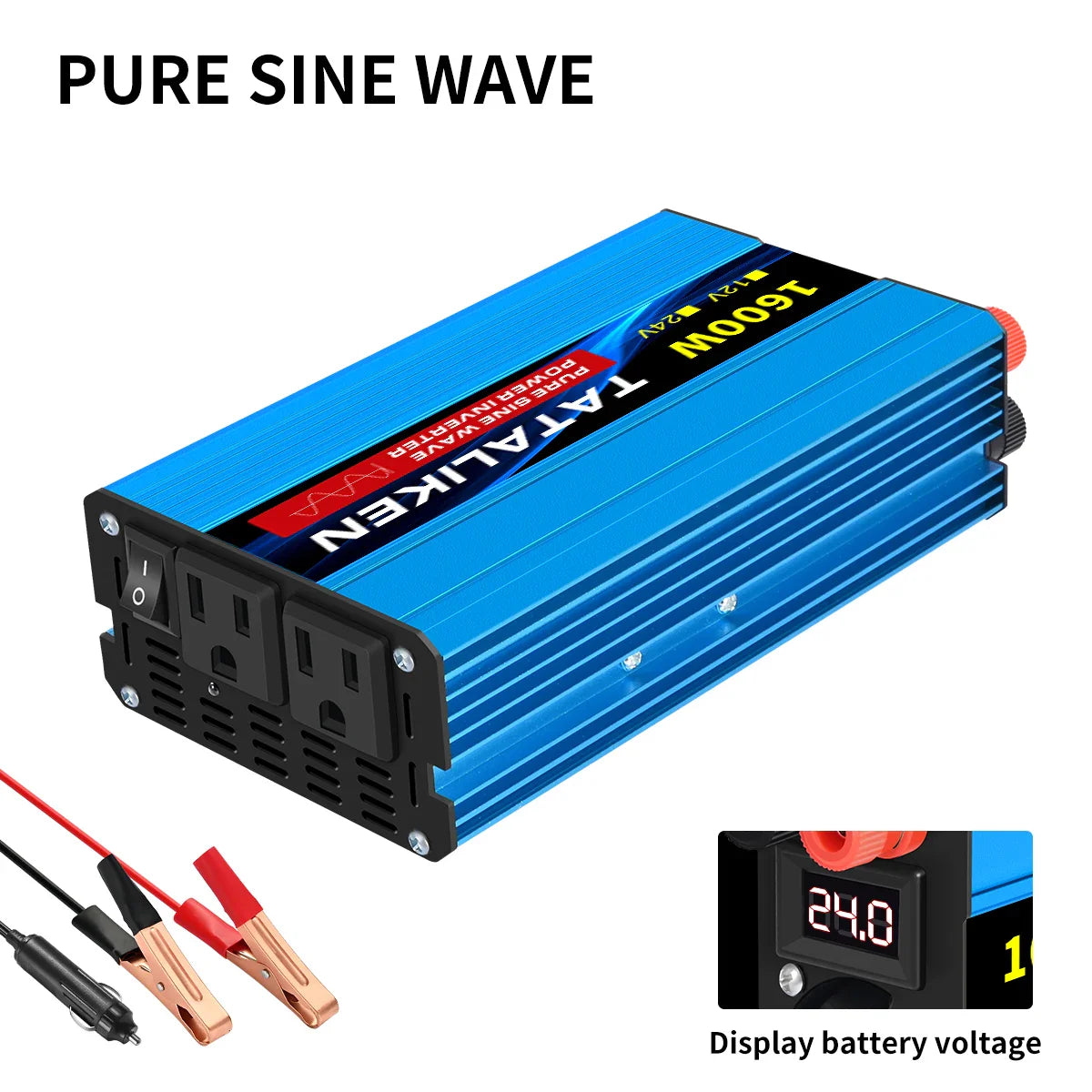 12V/24V to 110V AC Pure Sine Wave Power Inverter — 4000W/16000W 60Hz Converter with LED & US Socket for Car & Solar