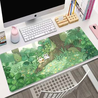 Cute Cat Gaming Mouse Pad - XL Green Plant Design XXL Desk Mat for Keyboard Computer Laptop Gamer Setup