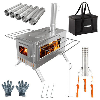 Hot Tent Wood Burning Stove – Portable Unho Stove with 6 Stainless Chimney Pipes for Outdoor Heating & Cooking