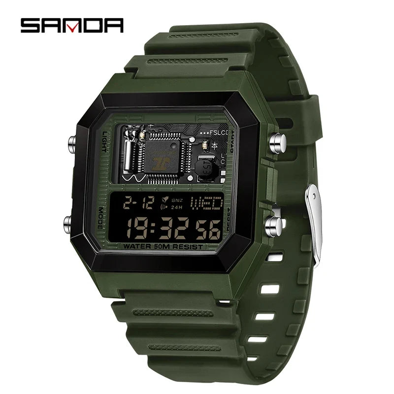 SANDA 6216 Men's Digital Sport Watch - Square LED Display, Waterproof Alarm & Stopwatch