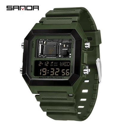 SANDA 6216 Men's Digital Sport Watch - Square LED Display, Waterproof Alarm & Stopwatch