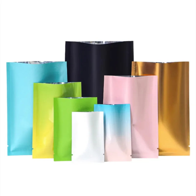 100PCS Open Top Aluminum Foil Bags - Glossy/Matte Finish, Heat Sealable for Tea, Spices, Bakery, Meat, Snacks, Chocolate, Soap, Salt Storage Pouches
