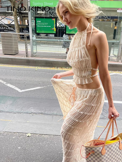Women's Fashion Solid Hang Neck Long Skirt Suit: Backless Sling Top with Lace-Up Fold Maxi Skirt - Spring Summer 2 Piece Set